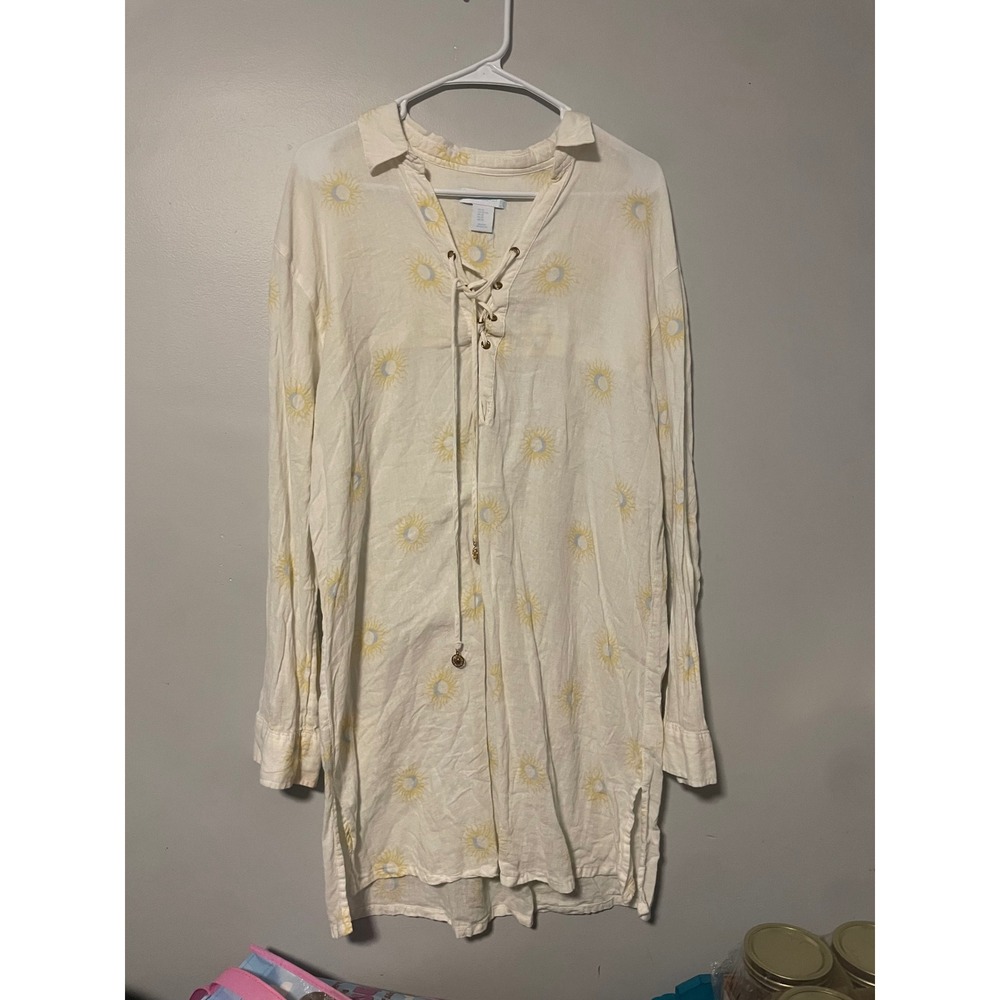 Cynthia Rowley Sun Moon Linen Blend Lace Up Beach Cover Up Dress XL White Yellow - Picture 2 of 7